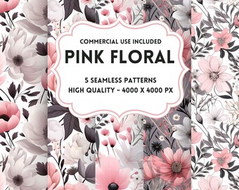 Patrones florales rosas sin costuras, PNG, Papel digital, Imprimible, Álbum de recortes, San Valentín, Imprimible, Uso comercial, Descarga instantánea