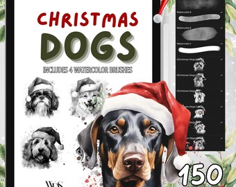 150 Sellos de pincel CHRISTMAS DOGS para Procreate / / Pinceles Procreate / Perros / Santa / Navidad / Vacaciones / Uso comercial / Descarga instantánea