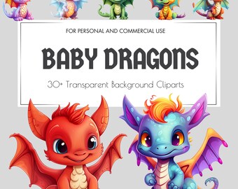 Baby Dragons Clipart, más de 30 imágenes PNG de fondo transparente, dragones de fantasía, tarjetas de felicitación, uso comercial, descarga instantánea