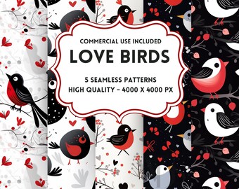 Patrones sin costuras de pájaros del amor, PNG, papel digital, imprimible, álbum de recortes, San Valentín, tarjetas de felicitación, uso comercial, descarga instantánea