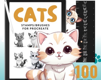 100 Sellos Procreados de Gatos de Dibujos Animados / Pinceles / Gatos / Más de 20 Razas Diferentes / Uso Comercial / Descarga Instantánea