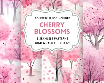 Patrones sin costuras de flor de cerezo, PNG, papel digital, imprimible, álbum de recortes, tarjetas de felicitación, imprimible, uso comercial, descarga instantánea