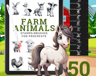 50 Sellos Procreados de Animales de Granja / Pinceles Procreados / Caballos / Vacas / Ovejas / Pollo / Conejo / Uso Comercial / Descarga Instantánea