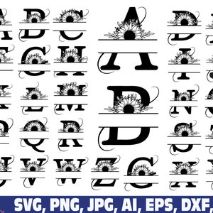 Letras do alfabeto de monograma dividido de girassol svg, jpg, png, clipart de monograma floral, gráfico de letras de girassol, pacote de alfabeto, monograma de nome