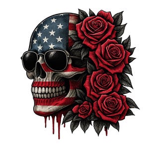 Skull Usa Flag png, Amercian flag skull design, skull sunglasses png, skeleton Sublimation PNG, memorial day png, USA FLAG skull roses png