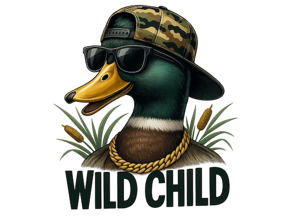 Wild Child png, Mallard Duck png, Country Western Duck, Boys Duck hunting design, Duck in backward cap, Youth Hunting, Funny Duck hunting