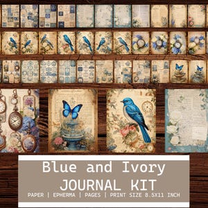 Blue and Ivory Junk Journal Kit, Neutral, Victorian, Teal, Ephemera, Floral Turquoise junk journal pages kit, printable junk journal pages,