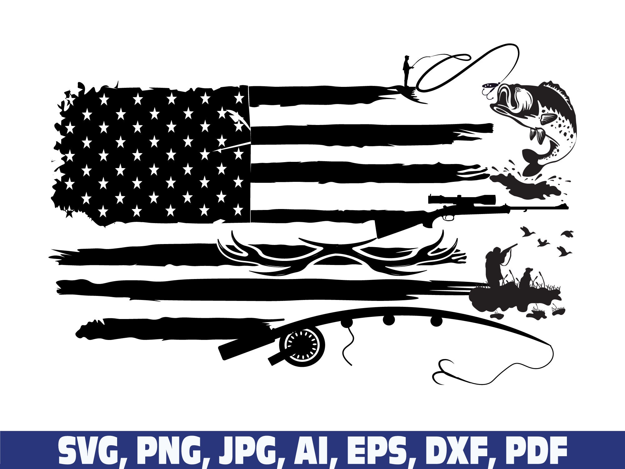 American Fishing and Hunting USA Flag Svg Png, Father Day Svg Png