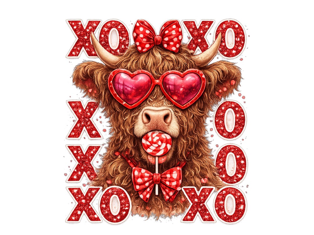 Valentine Highland Cow PNG XOXO Coquette Design, Cute Cow Sublimation ...