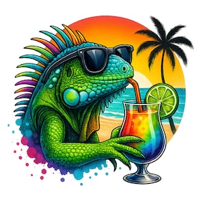 Iguana on Beach Watercolor Sublimation Digital Download PNG, Watercolor Iguana Lizard, Reptile Lizard Design, Beach Design, Reptile Clipart