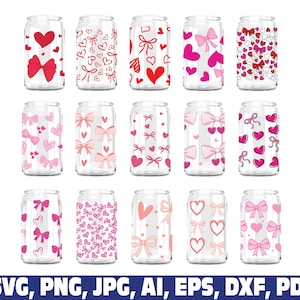 Coquette bow pink Valentine Libbey glass wrap svg png, libbey glass svg, Coffee glass can svg, can glass wrap, 16oz Full Wrap, Can Glass png