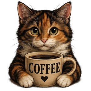 Cute Cat with Coffee Mug PNG, Coffee Cat Clipart, Adorable Cat Design, Cat Holding Heart Mug, Sublimation, Digital Download