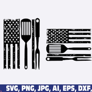 Może przedstawiać: Czarno-biała sylwetka łopatki, szczypiec i widelca przed sfatygowaną flagą amerykańską. Flaga jest w orientacji pionowej.