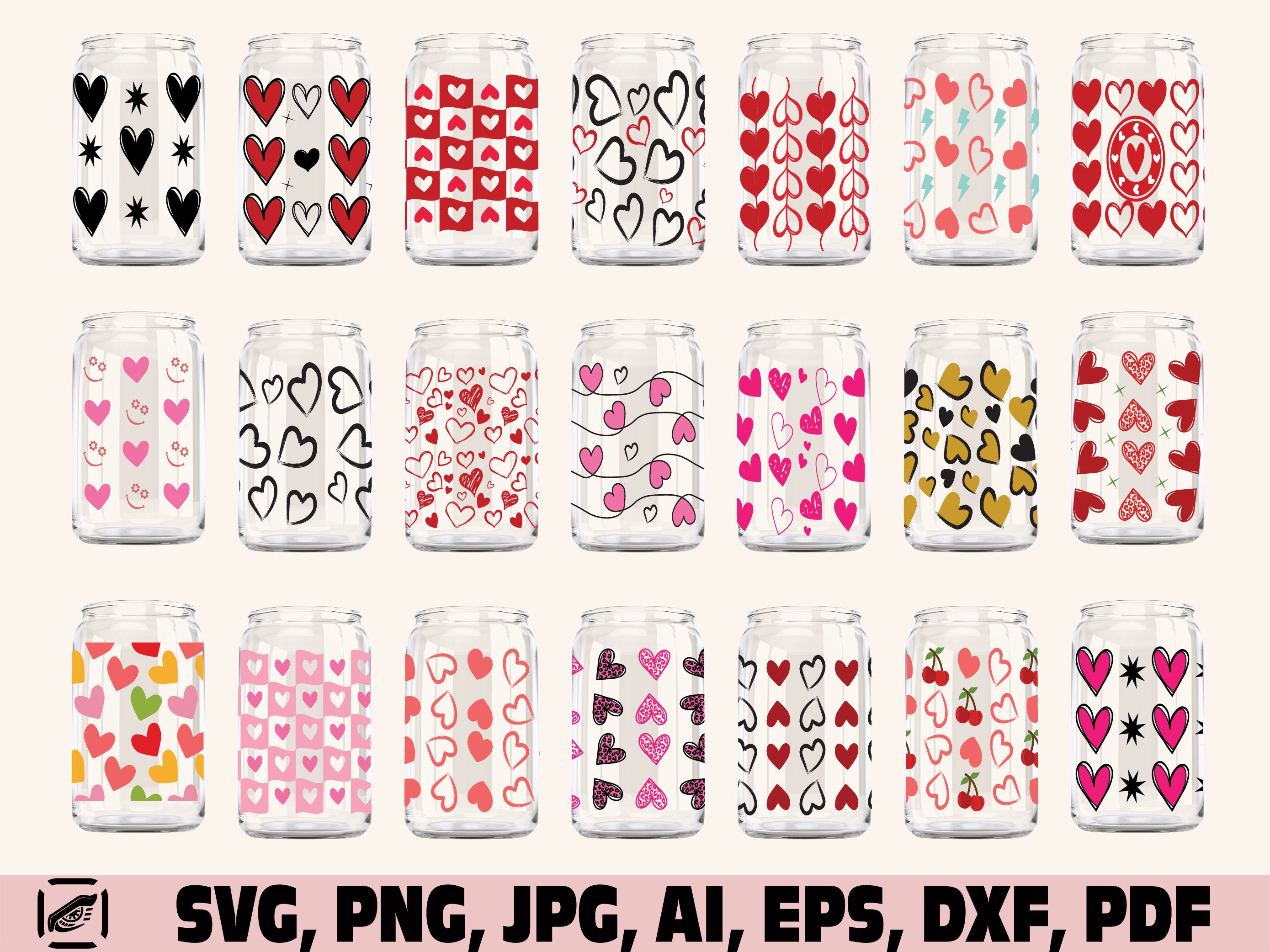 Hearts Libbey Can Glass Wrap Svg Png Bundle, Libbey Glass Svg Png ...