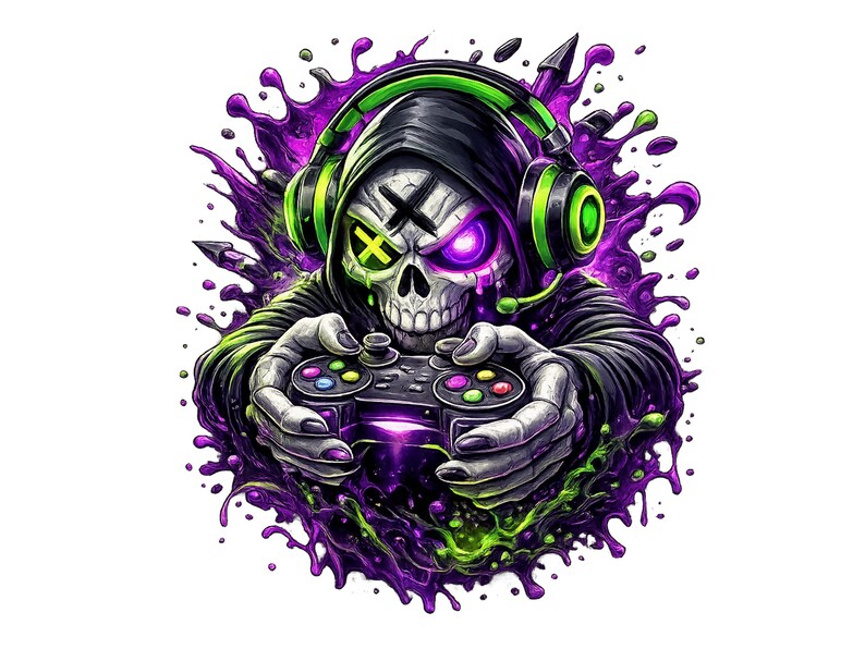 Rage Mode Skull Gamer PNG, Neon Purple Green Clipart, Sublimation DTF ...