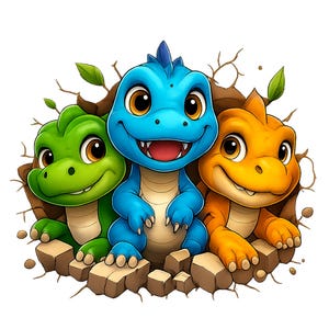 3D Dinosaur Png, Colorful Design, Kids Png, 3d Cracked Hole Png, T-Shirt Design, T-Rex Dinosaur Png, Digital Download, Cute Dinosaur Png