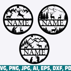 Caccia al cervo nome cornice segno SVG dxf, cacciatore in formato SVG, caccia in formato SVG, cervo in formato SVG, caccia al cervo in formato SVG, Pine Tree Forest in formato SVG, caccia monogramma telaio