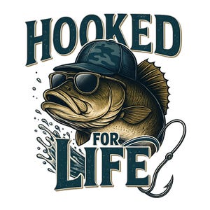 hooked for life png, Retro Vintage Fishing Png, mens boys fishing Sublimation Design, fish in camo cap and shades, bass fishing png