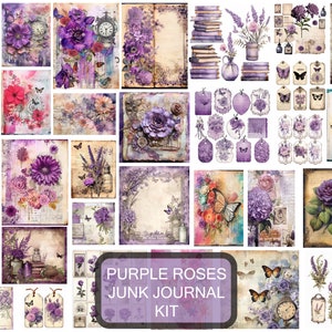 Junk Journal roses mauves imprimables, minables, vintage, carte ticket violet kit, fleurs, lavande, papillons imprimables éphémères Scrapbooking