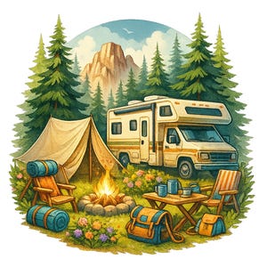 Outdoor Adventure PNG, Watercolor Camping Clipart, Mountain Landscape Illustrations, Tent and Campfire PNG, Rustic Forest, Commercial Use