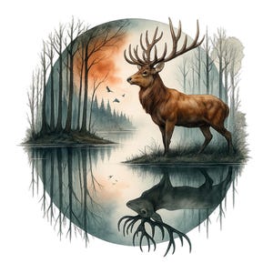 Buck Deer with reflection in a lake, Watercolor Buck Sublimation Design Deer Hunting, Hunting PNG For Sweatshirt, T-shirt Sublimation Design
