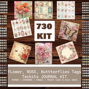 Páginas imprimibles de diario basura, flores, mariposas, nuevas, etiquetas desgastadas rosas, efímeras, papeleo, boletos, rosas, tarjetas, sellos, etiquetas, vintage