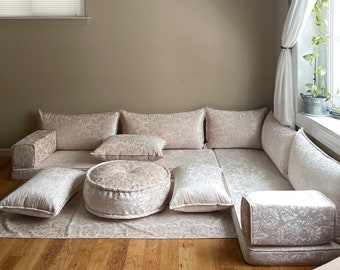 Luxury Handcrafted Stylish Modern Living Room Velvet Floor Sofa Pillows,Boho Floor Couch, Luxury L Shaped Arabic Sofa Set, Custom Made Sofa