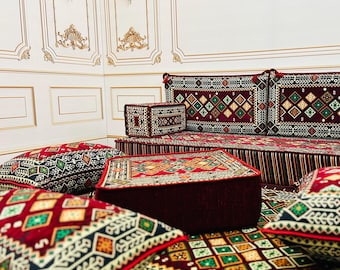 Burgundy Arabic Majlis Sofa Set: Floor Seating, Ottoman & Rug