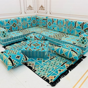 8 inch Thick Arabic Sofa L Shaped Floor Seating Set, Moroccan Living Room Decor,Turquoise Kilim Desing Sofa, Living Room Sofa, Arabic Majlis