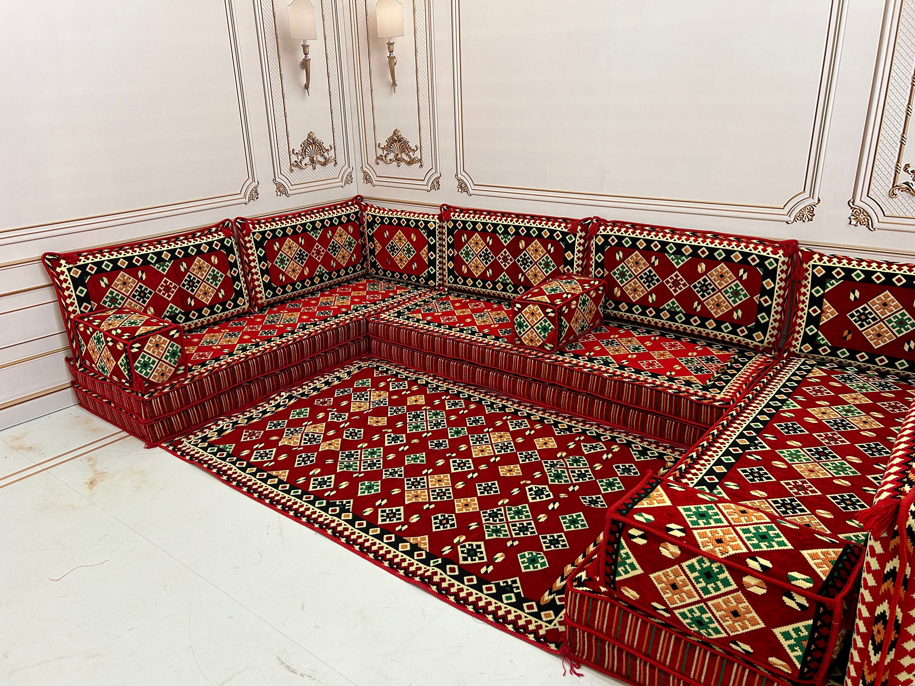 Majilis Rug Red U-shaped Arabic Majlis Sofa Set: Floor Seating, Ottoman & Rug - Etsy