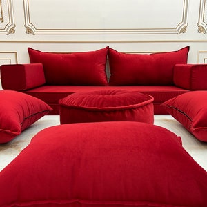 Burgundy Velvet Floor Seating Cushion Couch: 11 Piece Set