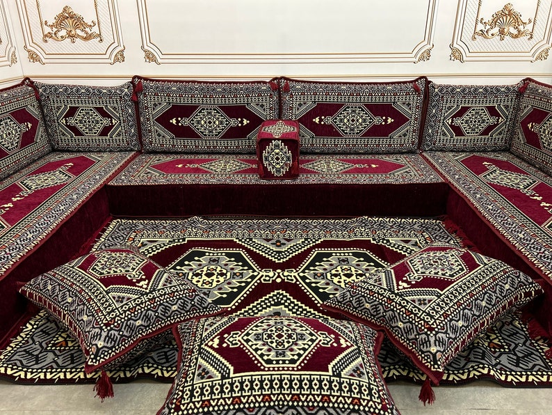 Arabic Sofa 8 inch Maroon Color U Shaped,Arabic Majlis,Arabis Sofa Floor Seating Set,Arabic Sofa Set,Arabic Sofa,Bench Cushions image 4