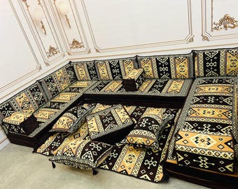 Set di divani arabi di lusso a forma di U: sedute etniche da pavimento, marrone e crema