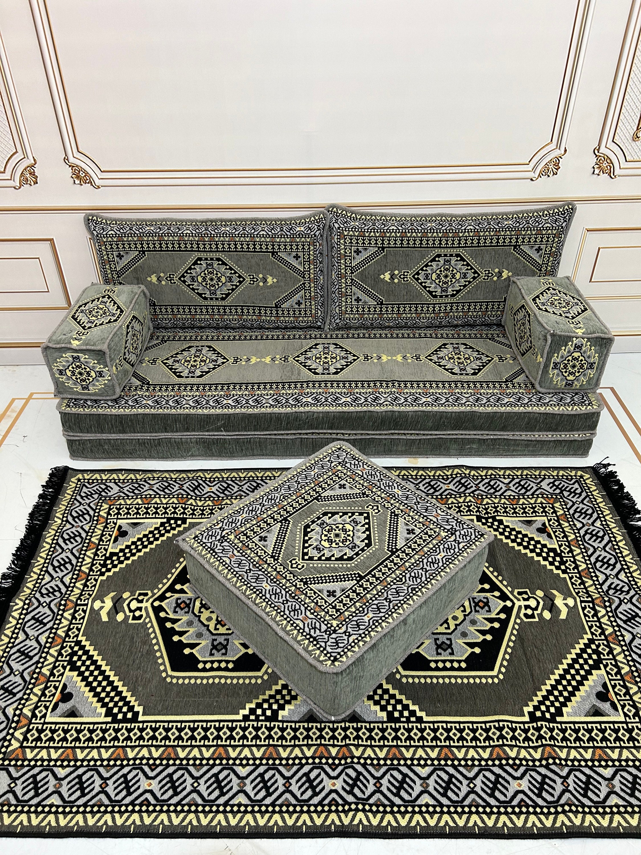 Majlis Rug Grey Arabic Majlis Sofa Set: Floor Seating, Ottoman & Rug - Etsy