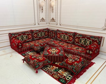 Ensemble de canapé de salon marocain en forme de L en pin rouge, modèle 4" d'épaisseur, ensemble de coussins palette, coussin de sol design modulaire, ensemble de canapé arabe