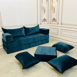 Sapphire Velvet Floor Cushion Sofa: 16&quot; Thick Modular Seating