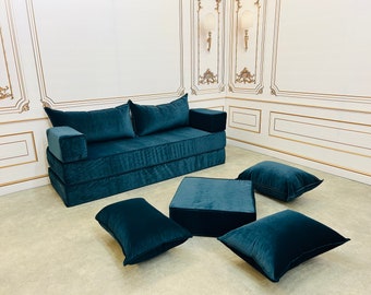 Sapphire Velvet Floor Cushion Sofa: 16" Thick Modular Seating