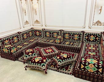 Burgundy Arabic Sofa Set: Authentic U-Shaped Floor Seating