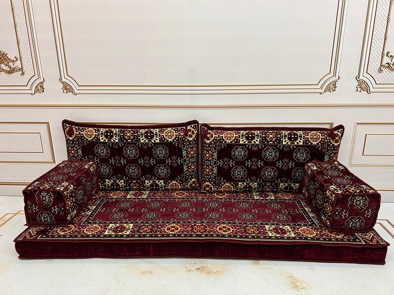 4 Thick Ethnic Floor Cushion Seating Couch,Arabic Sofa,Sectional Sofa,Ottoman Couch, Kilim Rug,Turkish Floor Sofa Set,Sofa Ottoman Rug zdjęcie 10