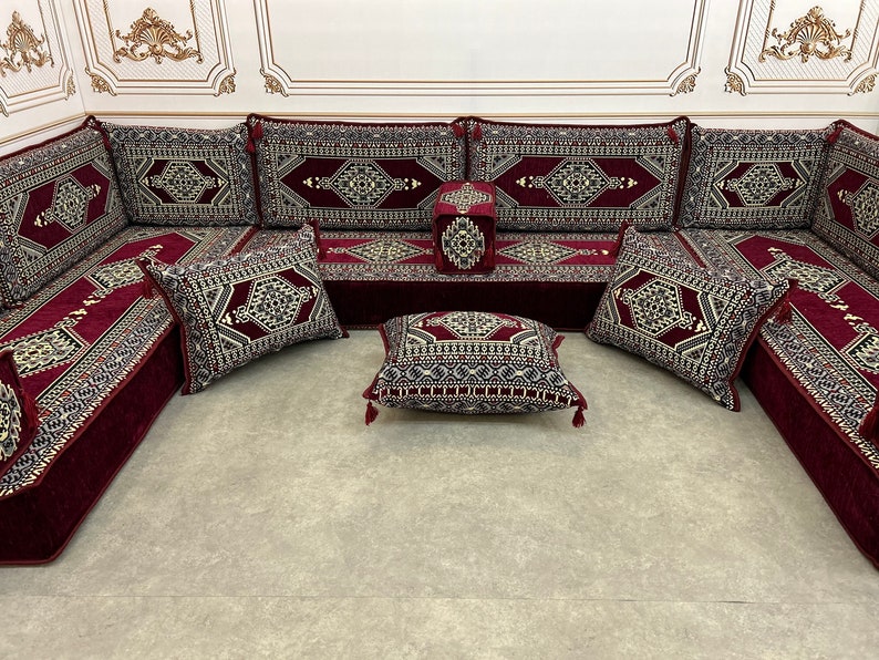 Arabic Sofa 8 inch Maroon Color U Shaped,Arabic Majlis,Arabis Sofa Floor Seating Set,Arabic Sofa Set,Arabic Sofa,Bench Cushions U Sofa+Pillow