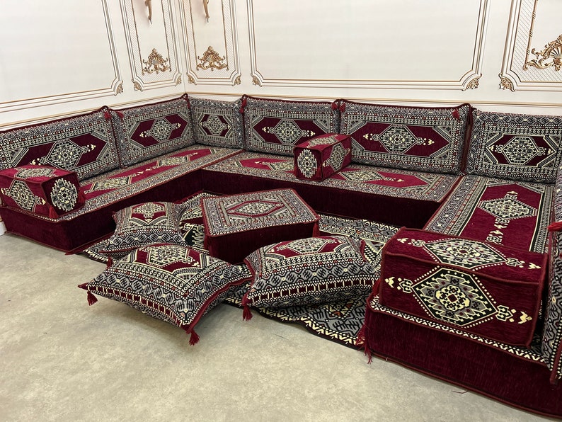 Arabic Sofa 8 inch Maroon Color U Shaped,Arabic Majlis,Arabis Sofa Floor Seating Set,Arabic Sofa Set,Arabic Sofa,Bench Cushions image 2