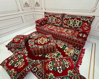 Red Pine Arabic Majlis Sofa Set: Floor Seating, Ottoman Couch & Rug