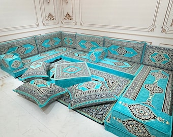 4''Thick U Shaped Turquoise Sofa,Arabic Majlis,Sectional Sofa,Living Room Home Decor,Arabic Majlis Sofa,Anatolian,Ottoman Couch Rug,U Shaped