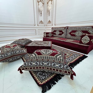 Maroon Floor Sofa Seating Set,Ottoman Couch Rug,Floor Seating Pillows,Arabic Majlis Jalsa,Turkish Floor Sofa, Sectional Sofa,Arabic Sofa Set