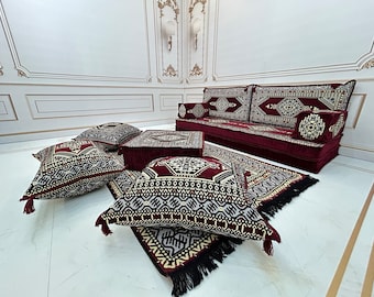Maroon Arabic Floor Sofa Set: Majlis Jalsa Seating, Ottoman & Rug