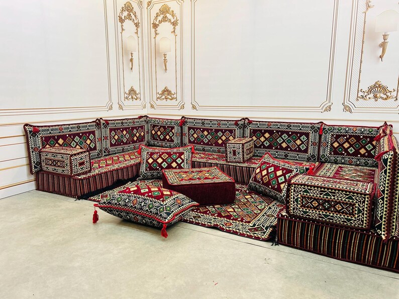 Majlis Rug Burgundy Arabic Majlis: U-shaped Floor Seating Set With Geometric Rug ...