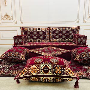 Arabic Majlis Sofa Set: Oriental Floor Seating with Cushions & Rug
