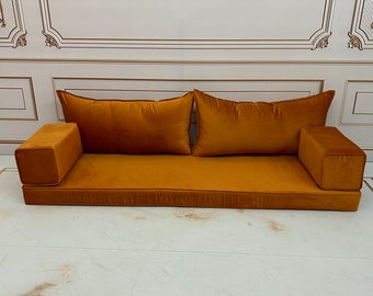 Mustard Velvet Floor Seating Cushion: Boho Majlis Sofa Set