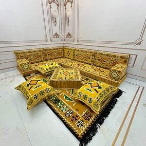 Yellow Anatolian L-Shaped Arabic Floor Sofa: Traditional Living Room Decor