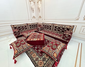 4" Thick L Shaped Ethnic Sofa Set,Arabic Majlis,Sectional Sofa,Living Room Home Decor,Arabic Majlis Sofa,Anatolian,Turkish Floor Seating Set